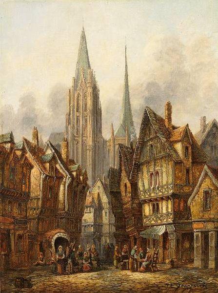 Pieter Cornelis Dommersen Blick auf gotischen Dom in mittelalterlicher Stadt